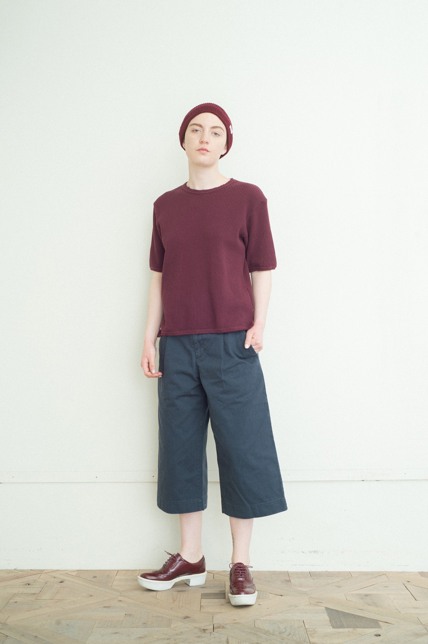 strong waffle half-sleeve shirt bordeaux