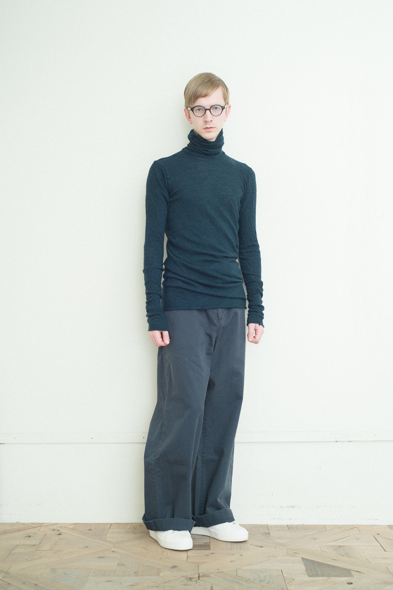 washable wool gauze t-neck knit moss green
