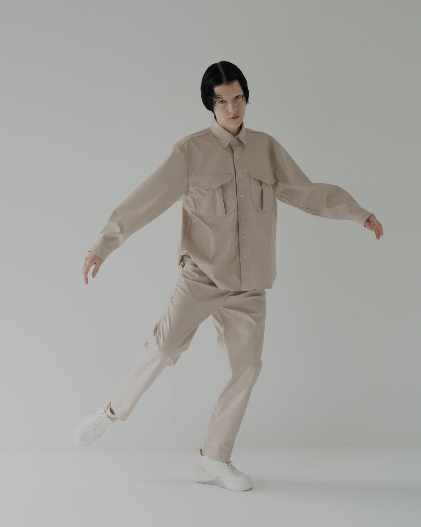 vegan leather long-sleeve shirt