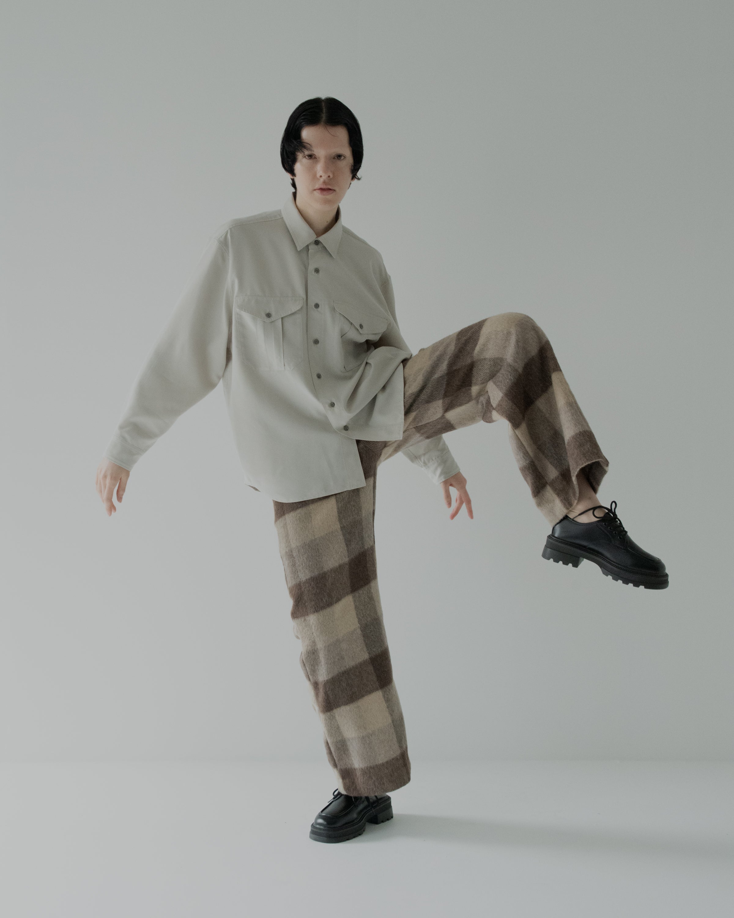 block plaid wide full-length slacks beige×brown