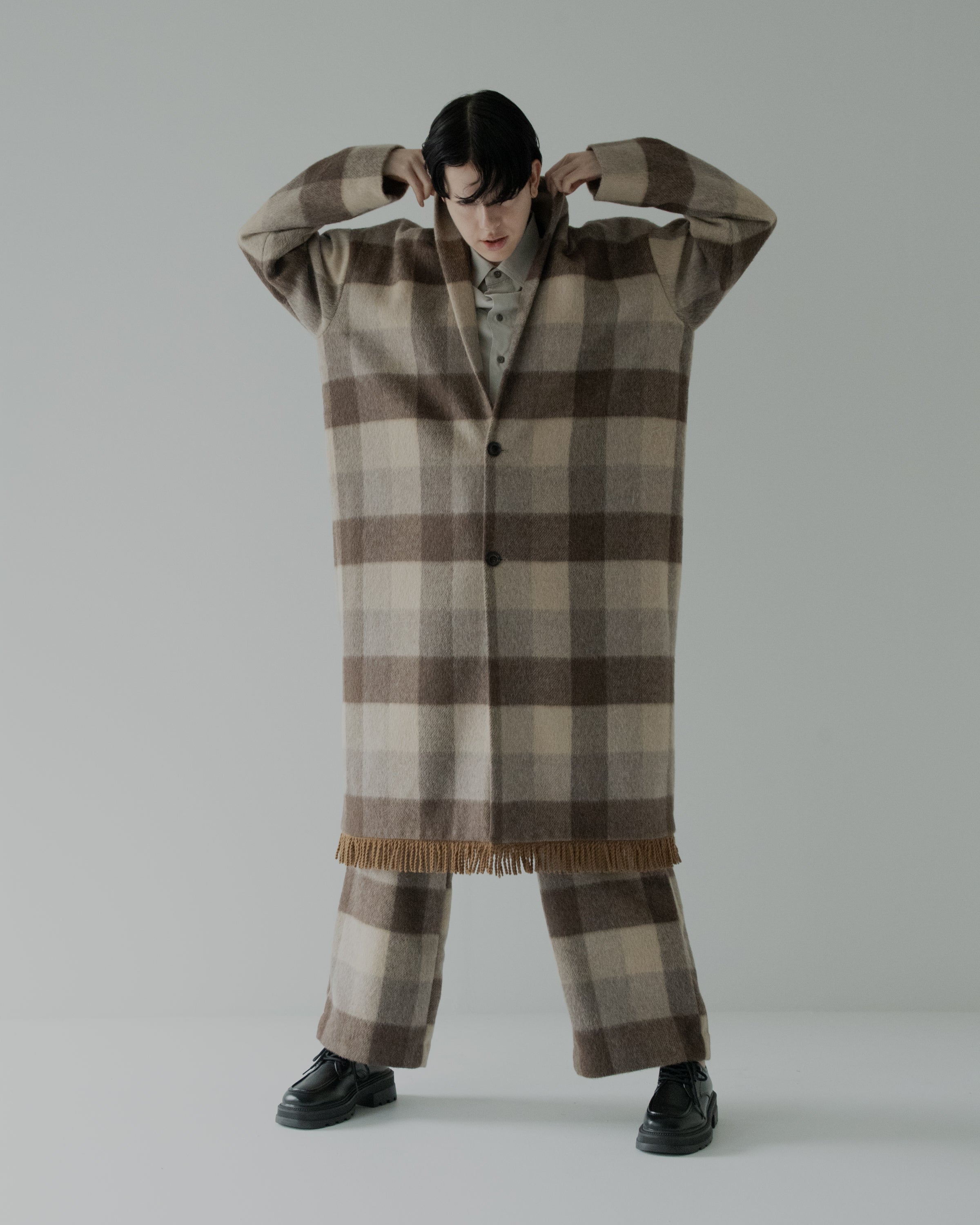 block plaid fringe coat beige×brown