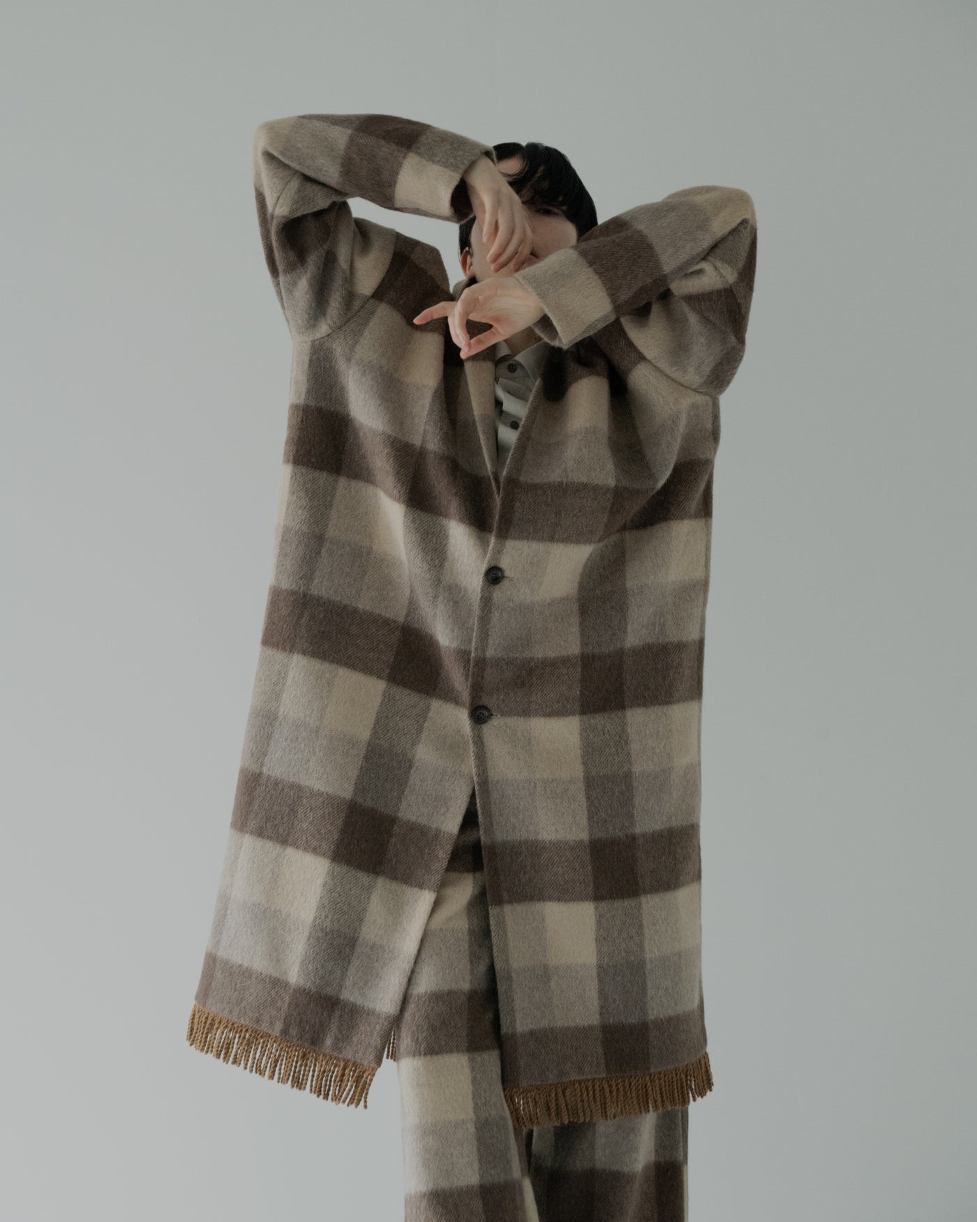 block plaid fringe coat