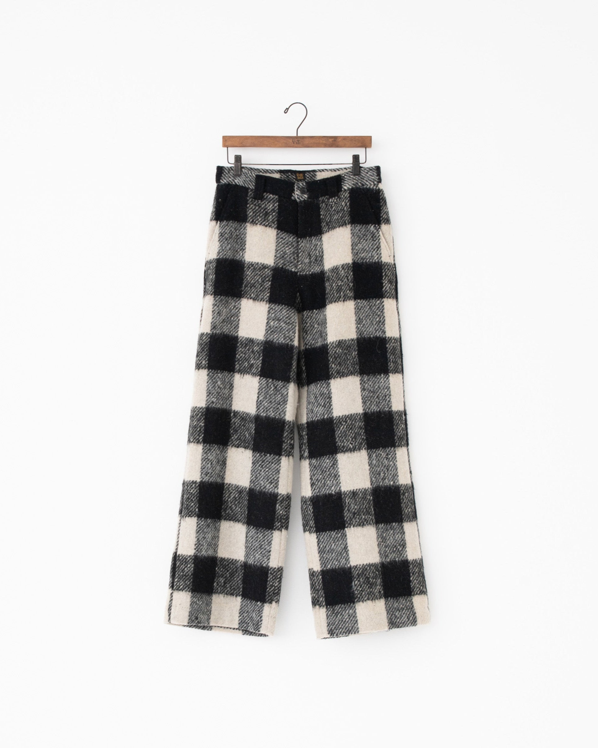 block plaid wide full-length slacks off white×black