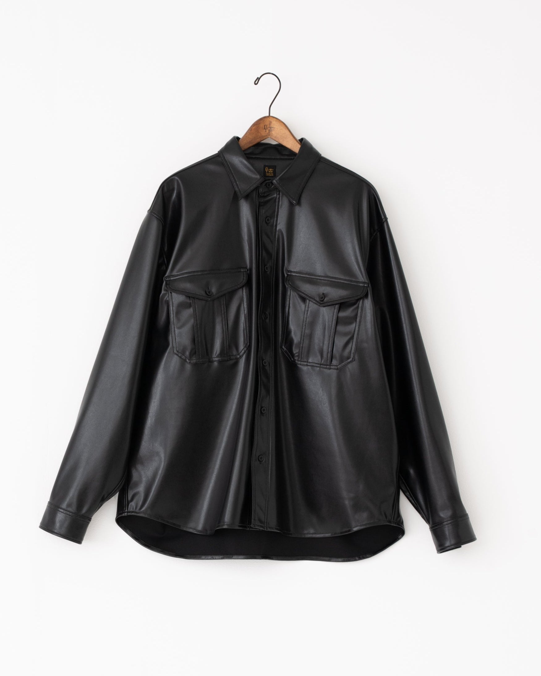 vegan leather long-sleeve shirt black