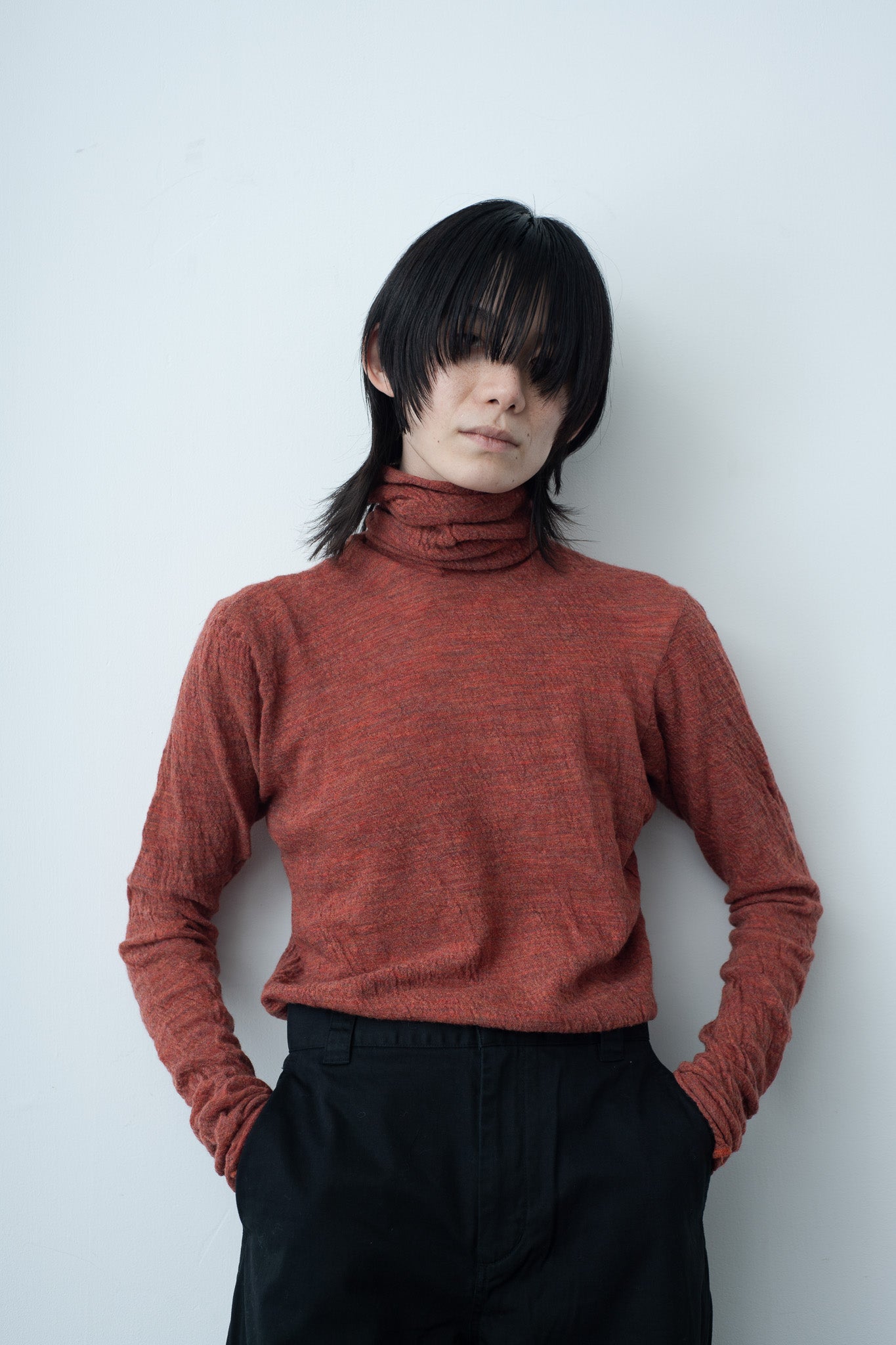 washable wool gauze t-neck knit