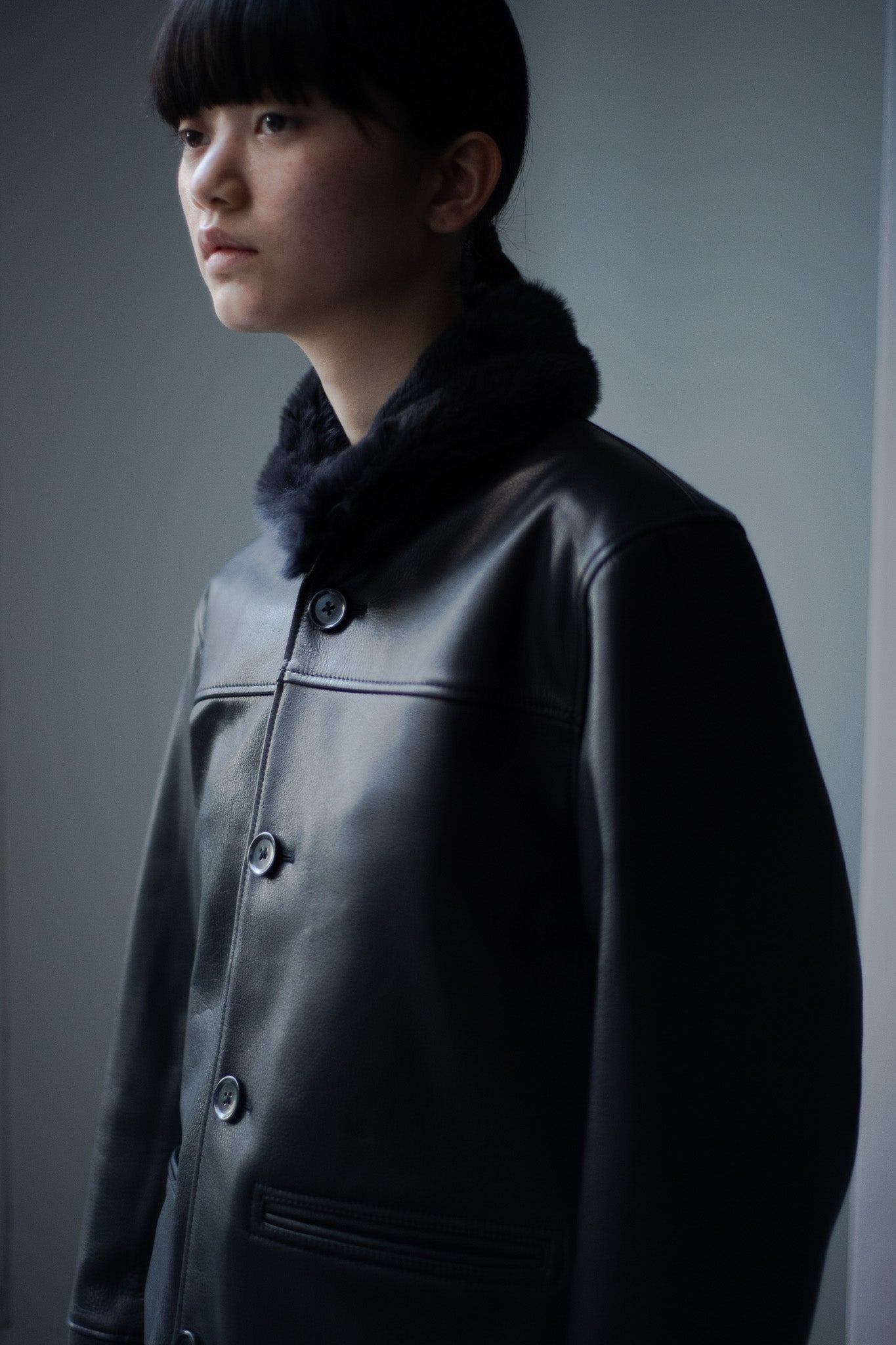 leather half coat with rex