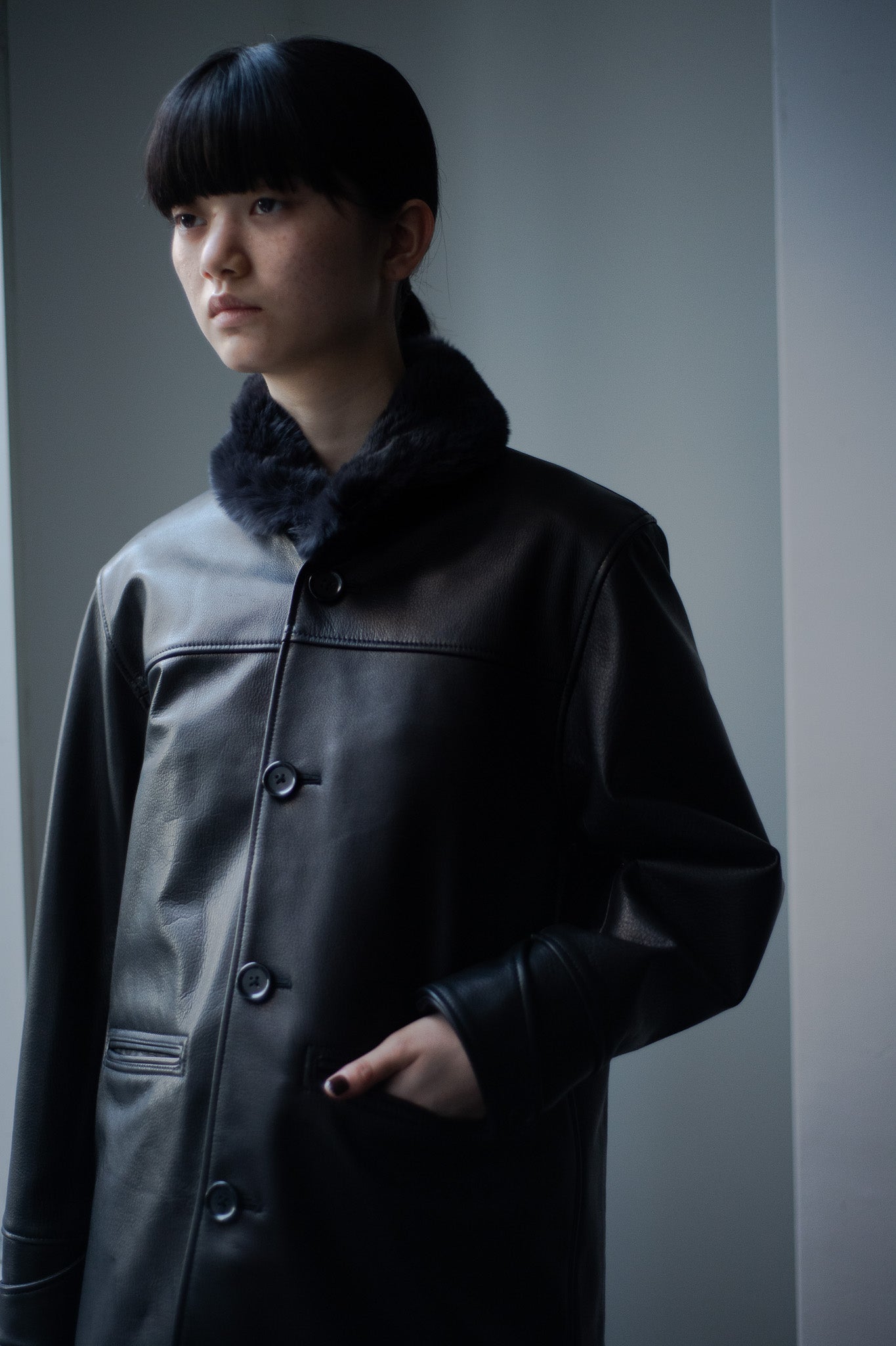 leather half coat with rex